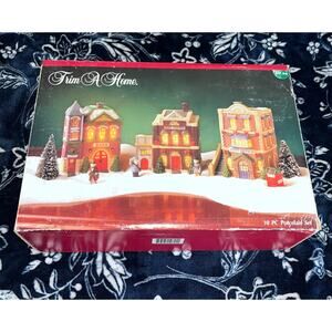 Vintage Trim A Home Holiday Memories Porcelain Light-Up Christmas Village Set.